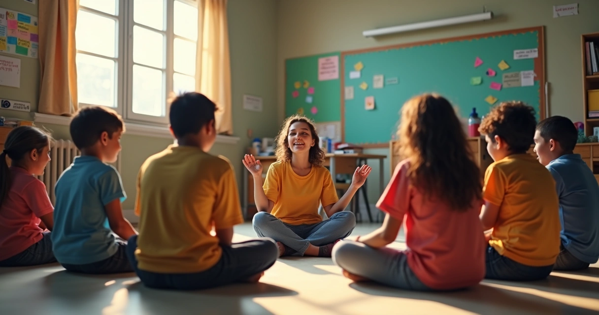 Grupo de alunos sentados em roda em sala de aula, participando de conversa supervisionada.