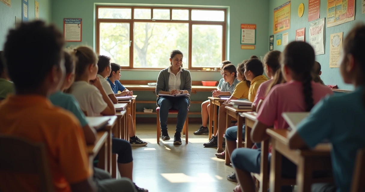 Roda de conversa com alunos e professora em sala clara