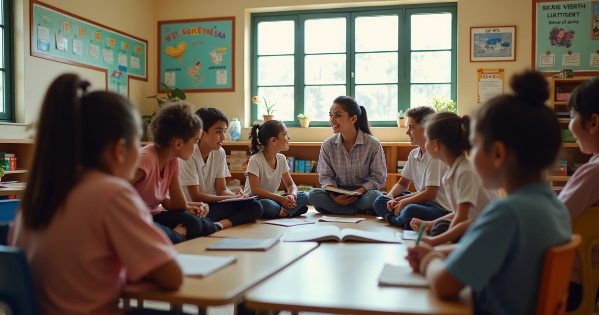 Roda de conversa com estudantes e professora em sala de aula 