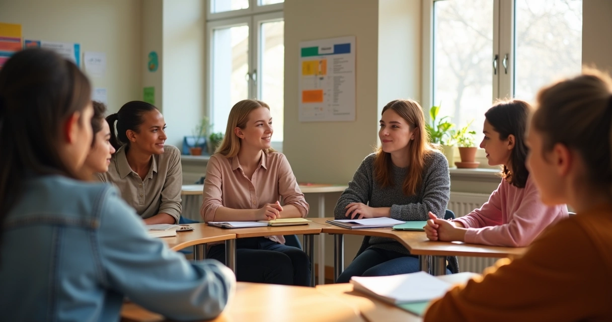 Roda de conversa em sala de aula com professor e estudantes
