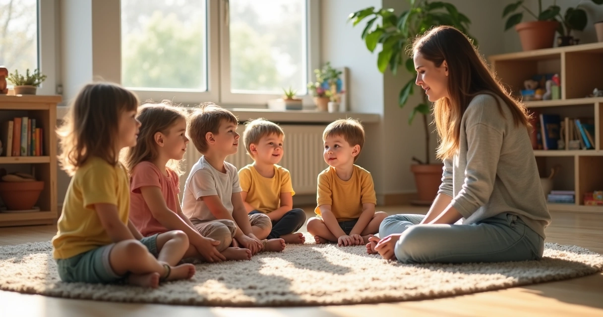Crianças em roda de conversa com professora na sala 