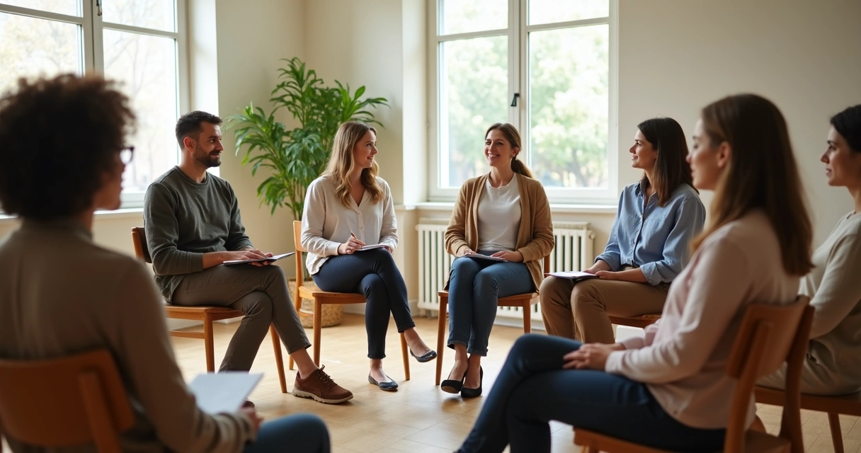 Grupo em roda de conversa com escuta atenta e expressão de cooperação 