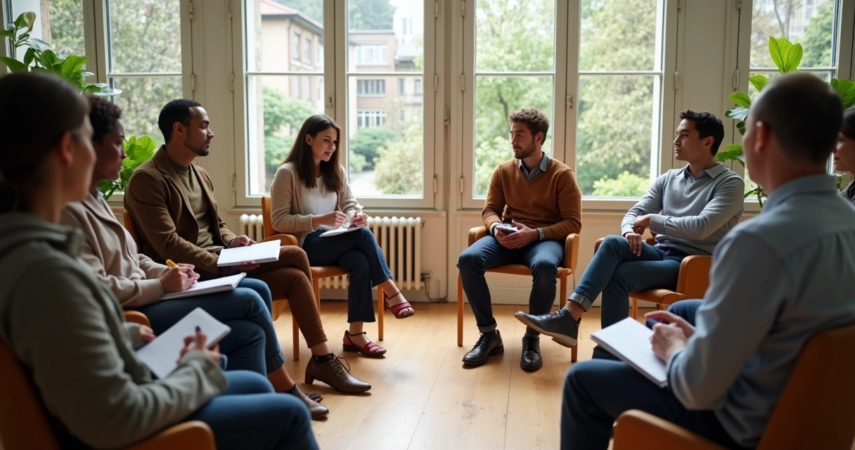 Grupo em roda de diálogo com mediação em sala clara