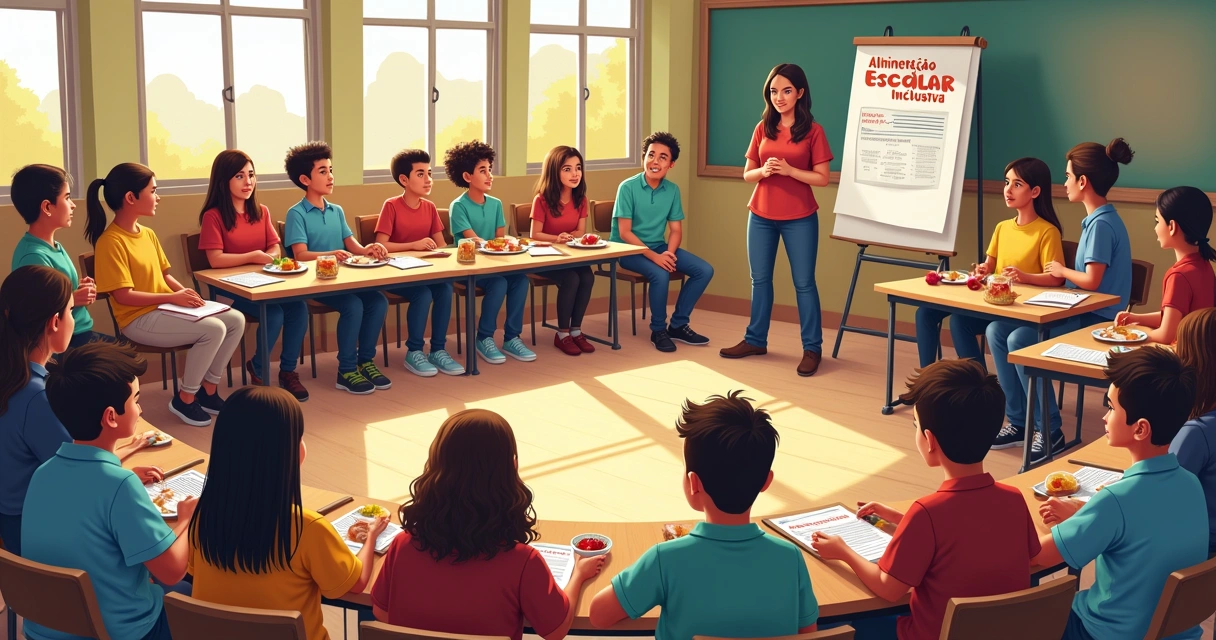 Grupo de pais, alunos e educadores em roda de diálogo sobre alimentação escolar. 