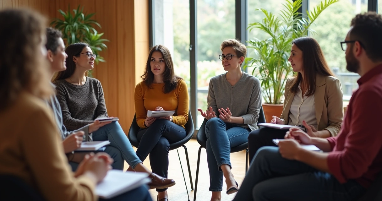Grupo de pessoas sentadas em roda em ambiente iluminado