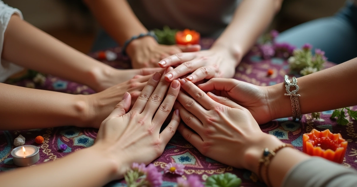 Detalhe de mãos femininas unidas no centro de um círculo com cristais 