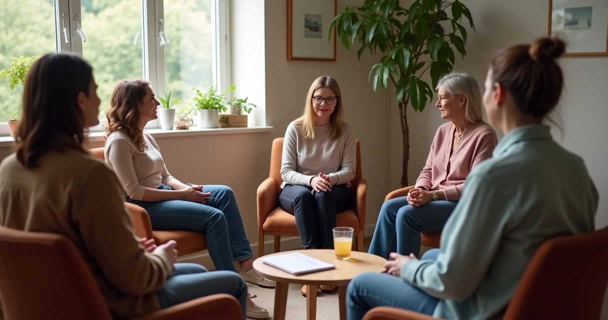 Grupo em roda de conversa em espaço comunitário iluminado