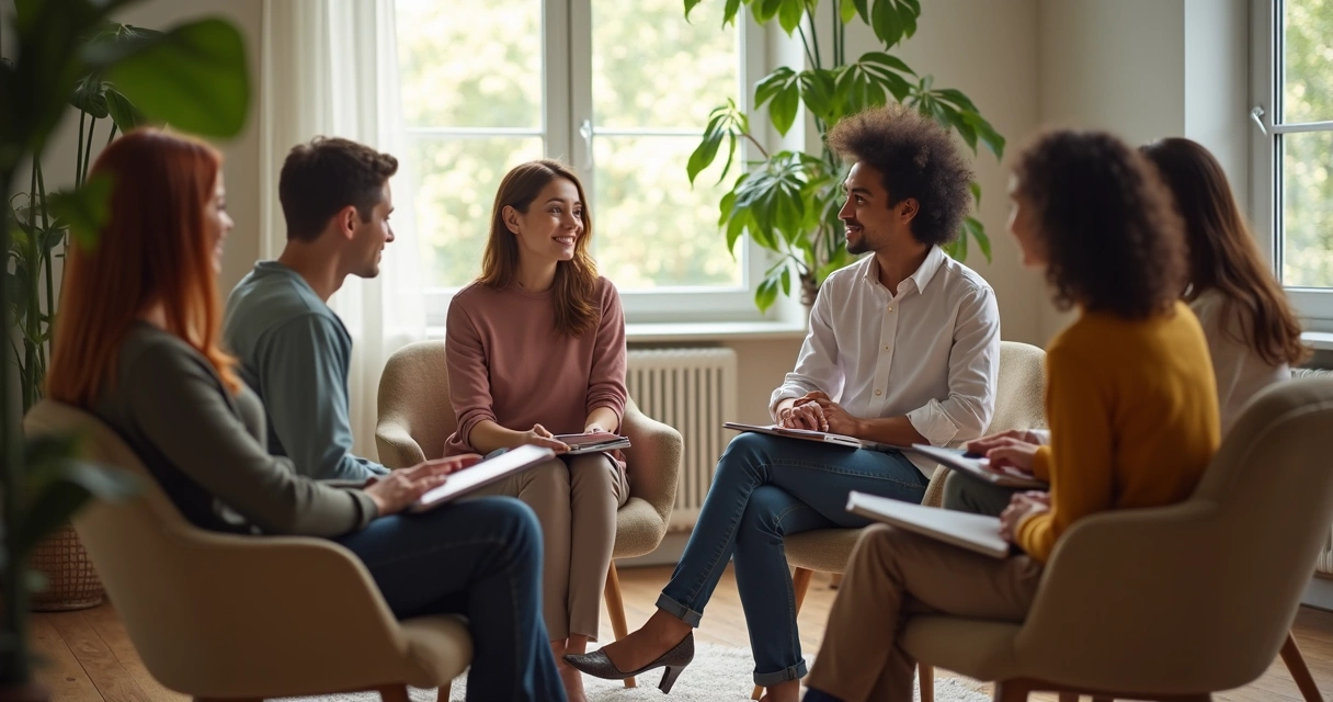 Grupo em roda de conversa com ambiente acolhedor e escuta ativa 