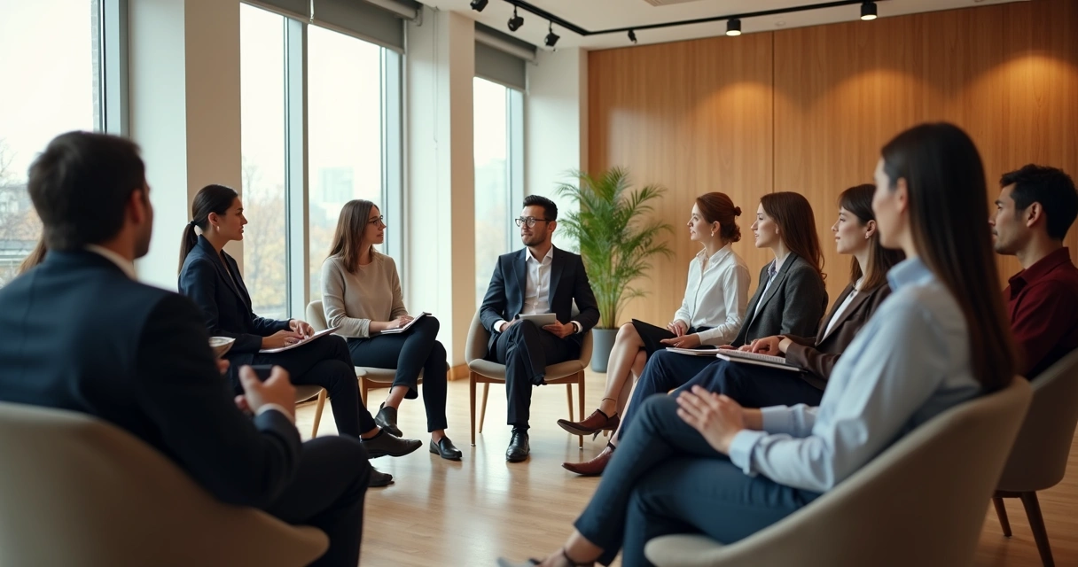 Equipe em roda de escuta em sala de reunião