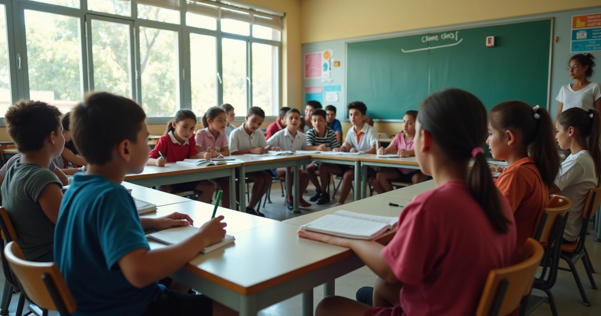 Estudantes e professora em roda de escuta na sala de aula 
