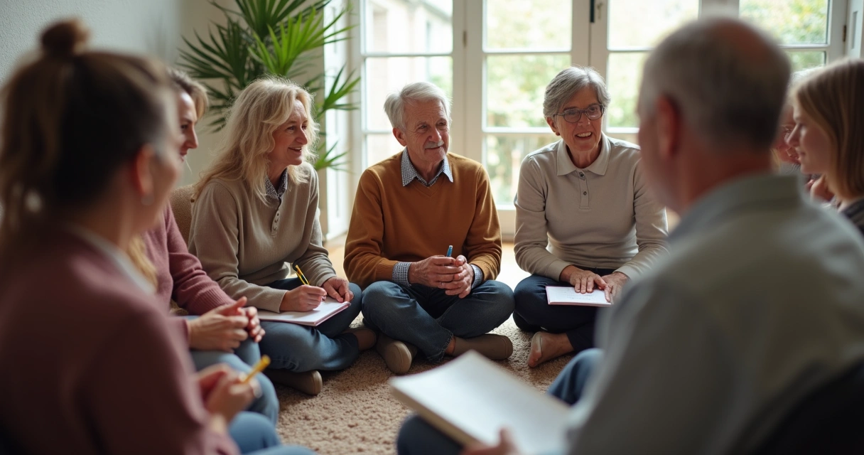 Roda de pessoas sentadas compartilhando histórias em um salão claro