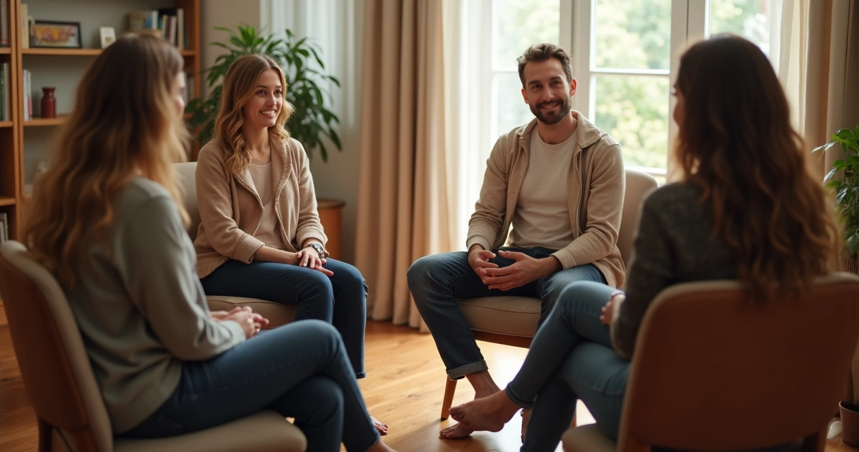 Grupo pequeno de pessoas conversando em roda em ambiente iluminado 