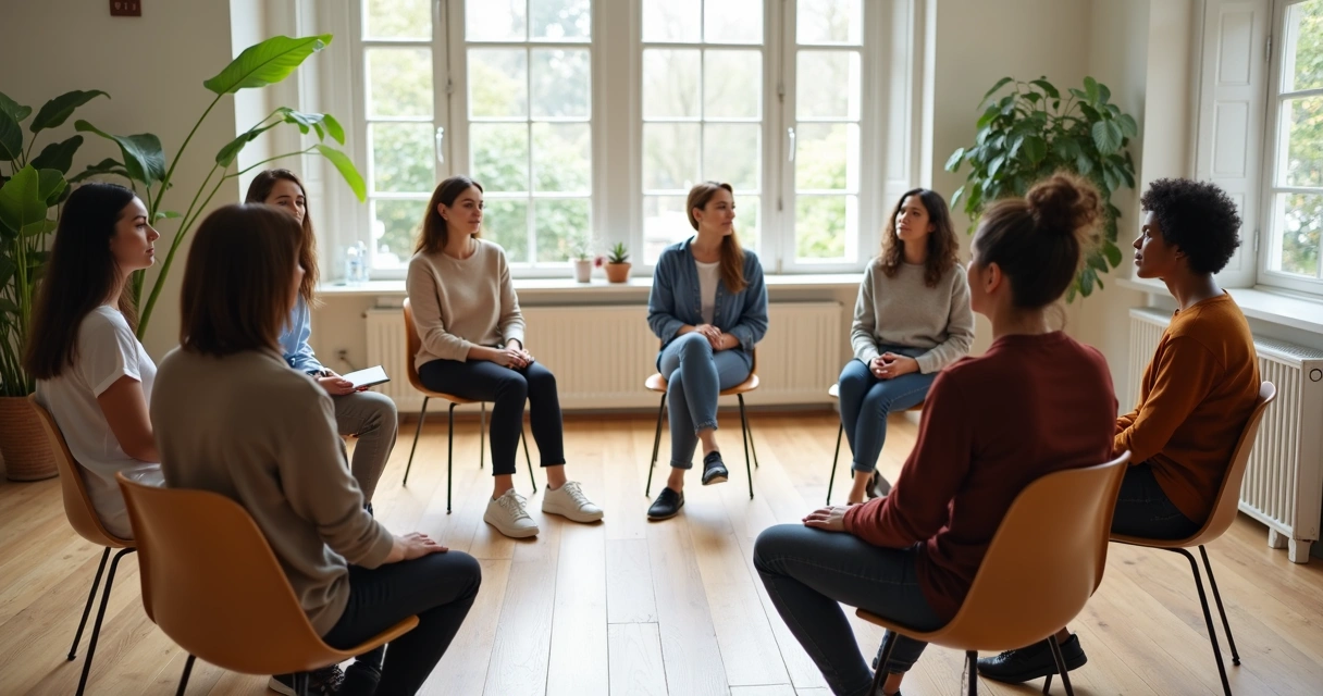 Grupo em roda praticando silêncio consciente em sala clara