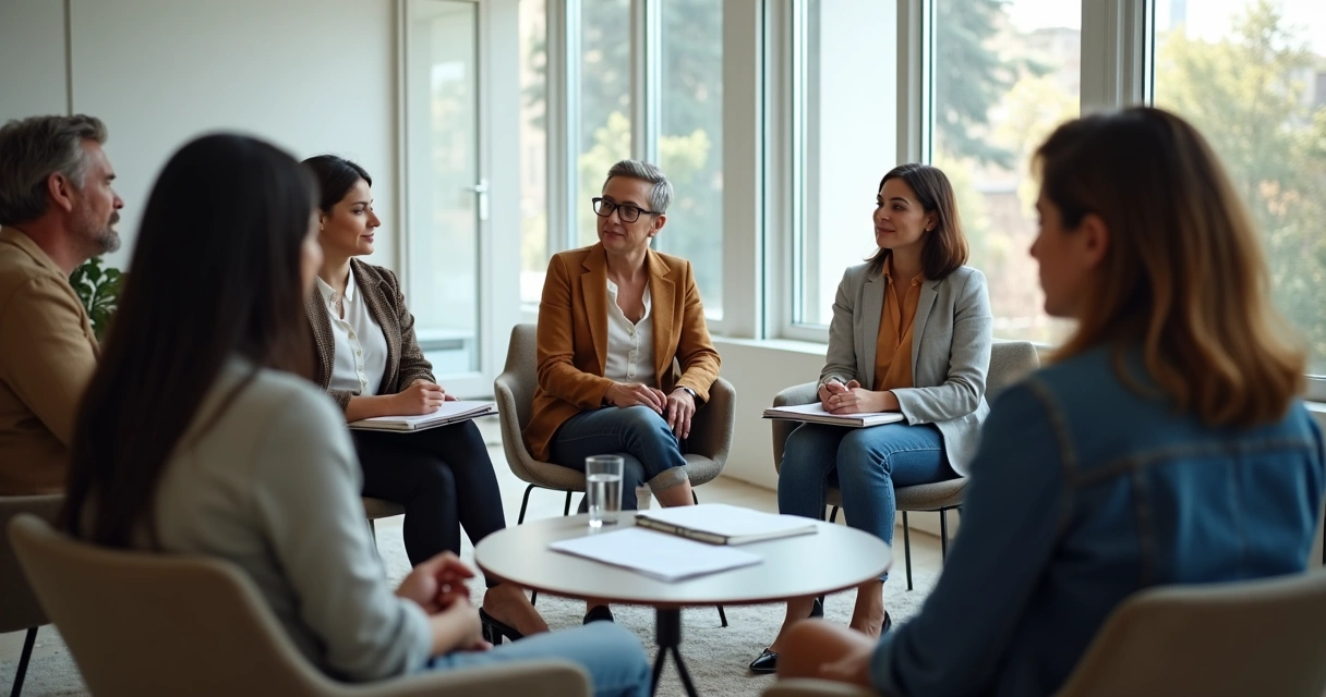 Grupo em roda debatendo decisões sociais com anotações e expressão de escuta