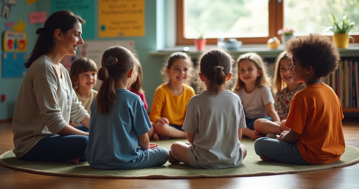 Roda de alunos sentados em círculo na sala de aula, participando de conversa emocional
