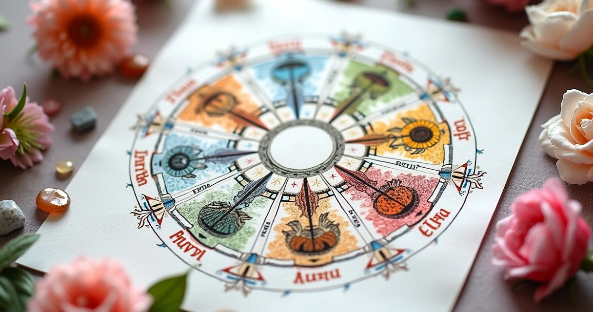 Roda do ano desenhada à mão com símbolos coloridos 