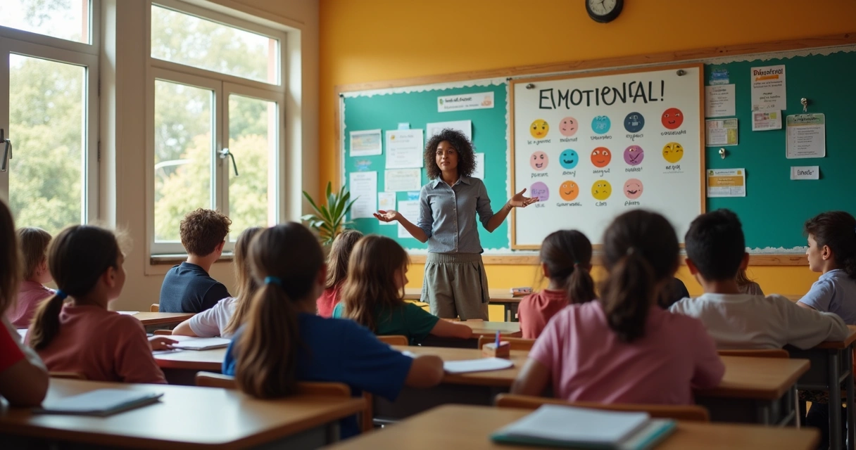 Turma em roda com painel de emoções na sala