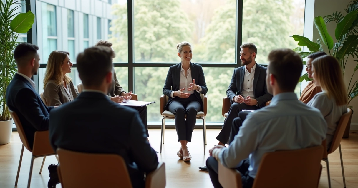Equipe reunida em círculo em uma sala de reunião clara 