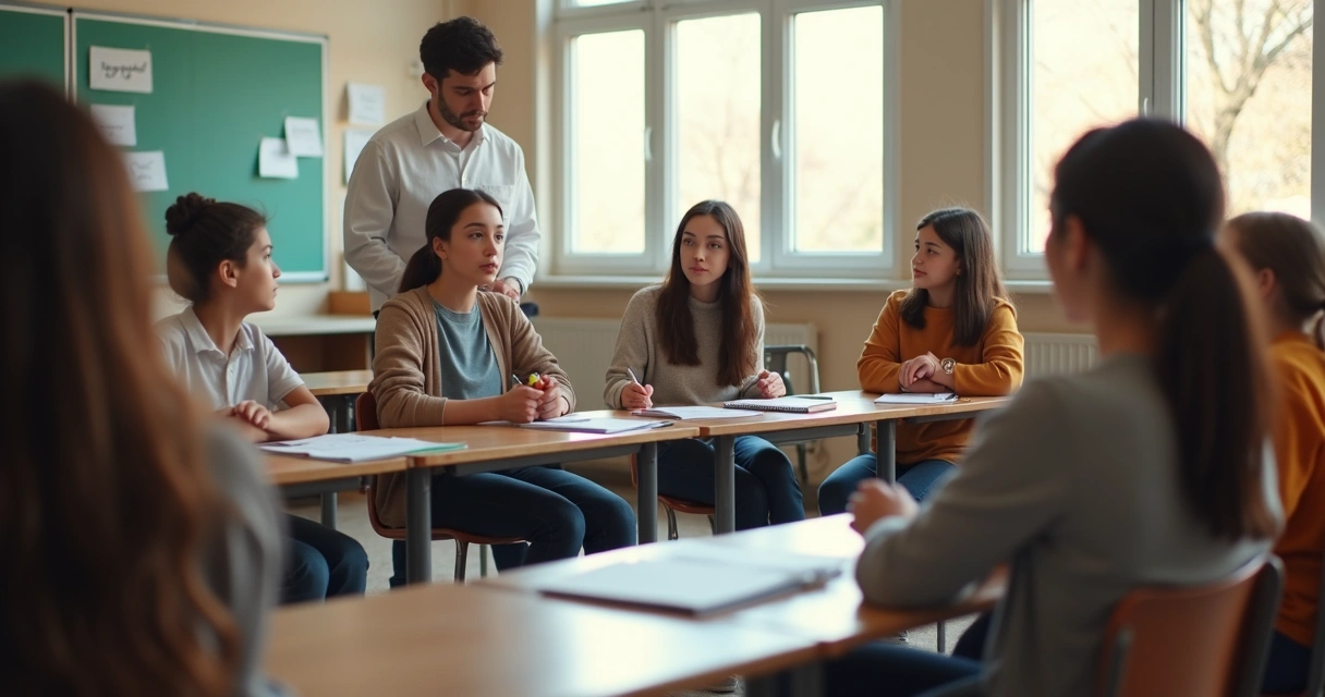 Roda de estudantes em sala de aula com objeto da palavra 