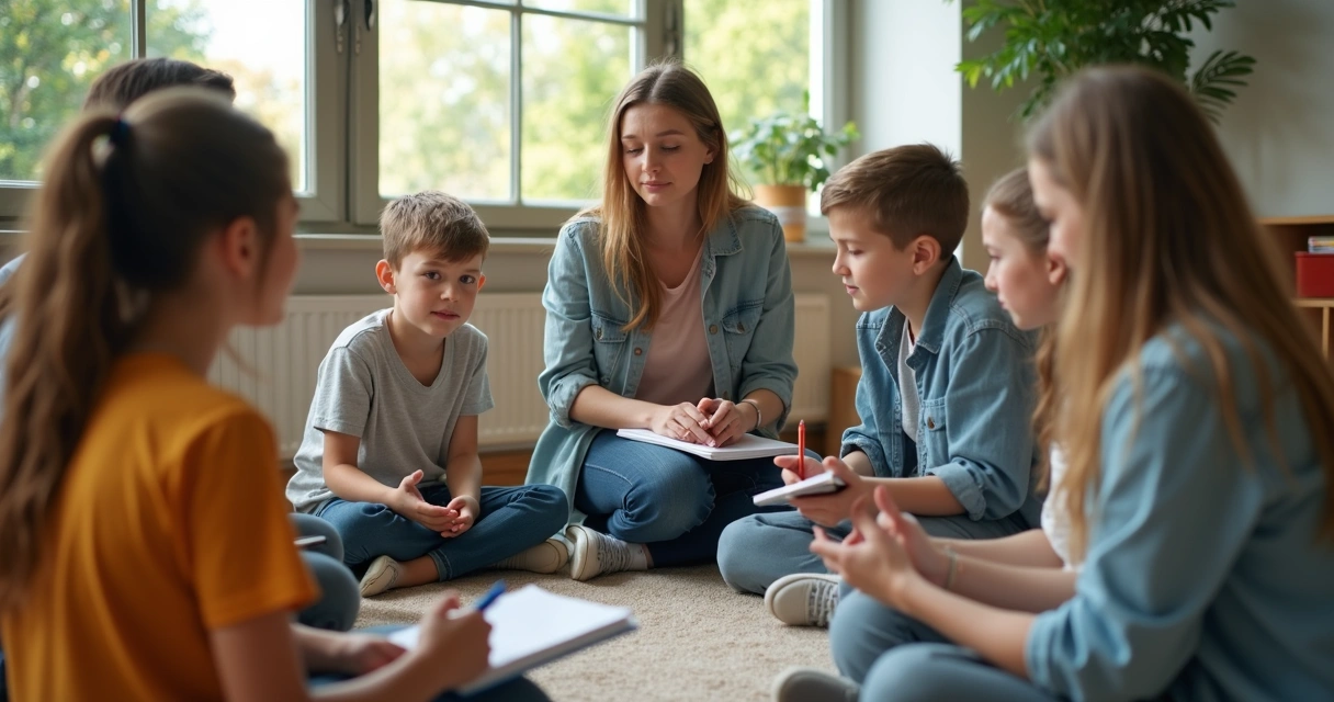 Roda de conversa com alunos e professora na escola 