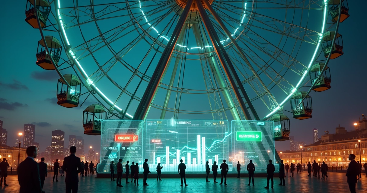 Roda gigante noturna com clientes descendo enquanto números de churn sobem em painel digital 