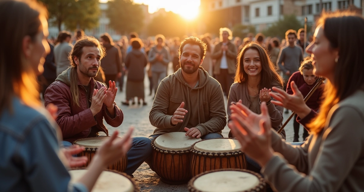 Grupo em roda com instrumentos e palmas em encontro cultural 