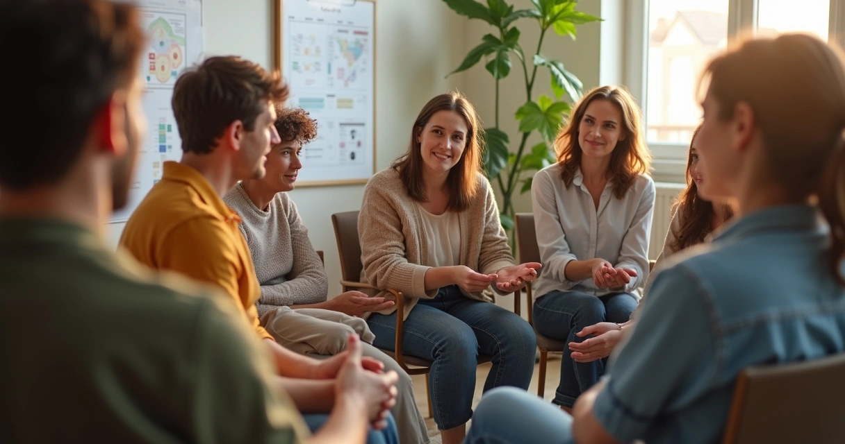 Grupo de pessoas sentadas em círculo conversando 