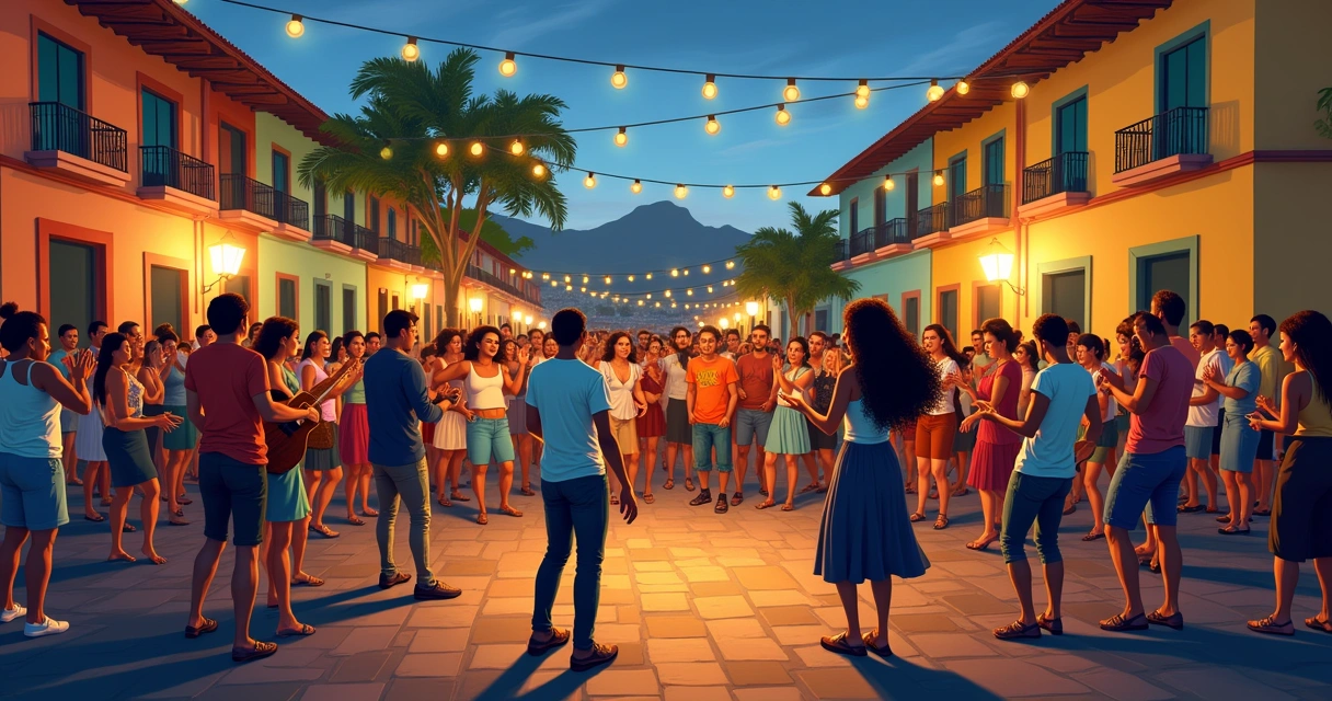 Roda de samba de rua com músicos e plateia animada 