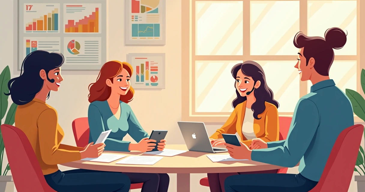 Equipe de atendimento em círculo trocando opiniões em sala de reunião 