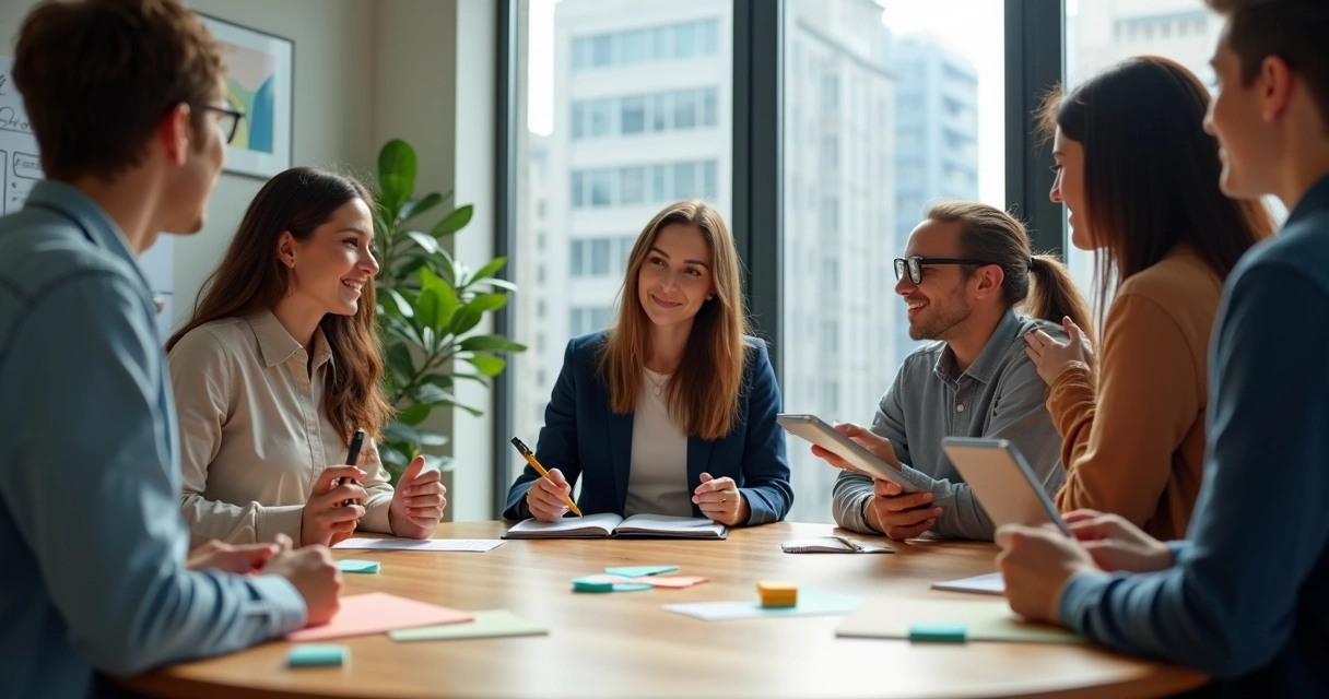 Equipe em círculo ao redor de mesa com líder anotando ideias em cartões coloridos 