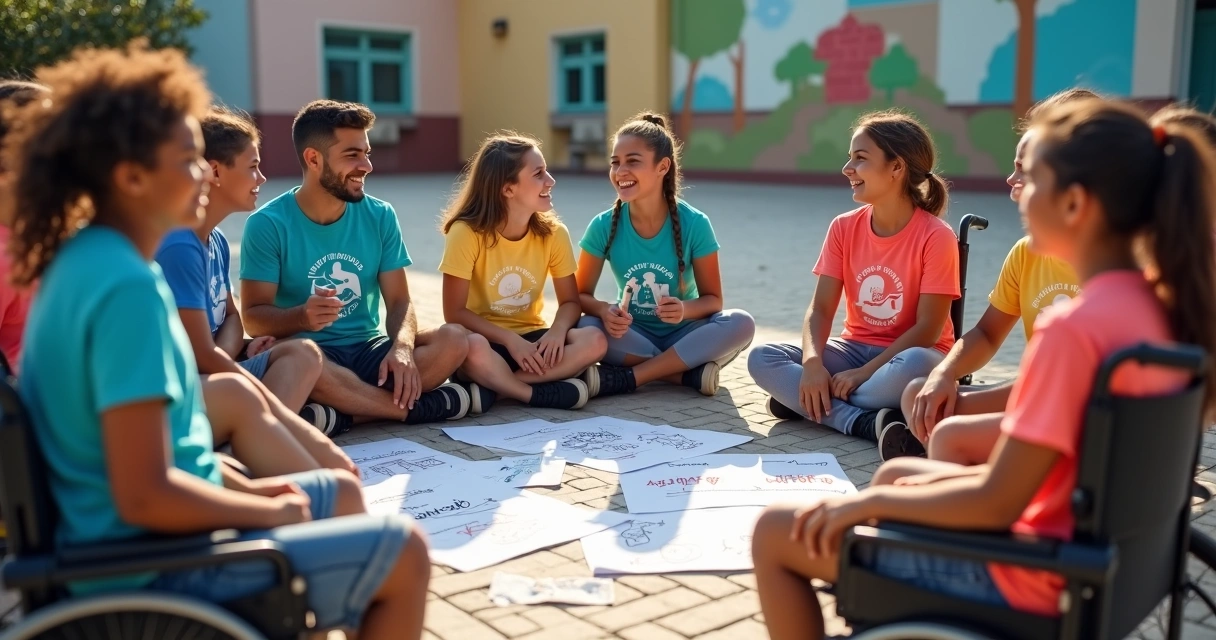 Grupo diverso em círculo usando camisetas de educação inclusiva coloridas em pátio escolar 
