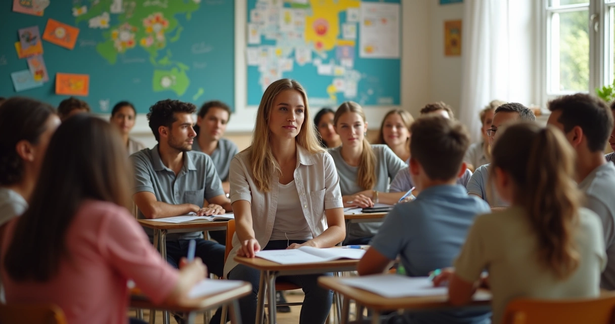 Roda de alunos sentados conversando em sala de aula, jovem professora ao centro