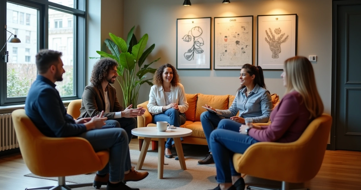 Colaboradores sentados em círculo conversando em ambiente de trabalho informal 
