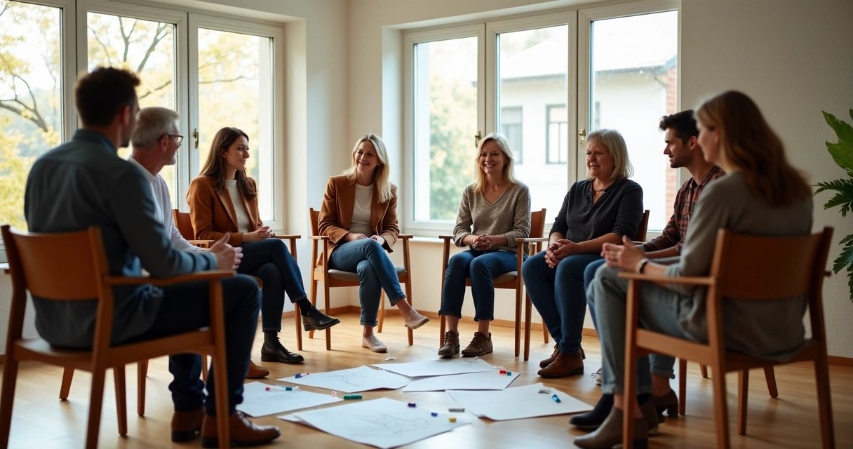 Grupo de pessoas sentadas em círculo trocando ideias de forma colaborativa 