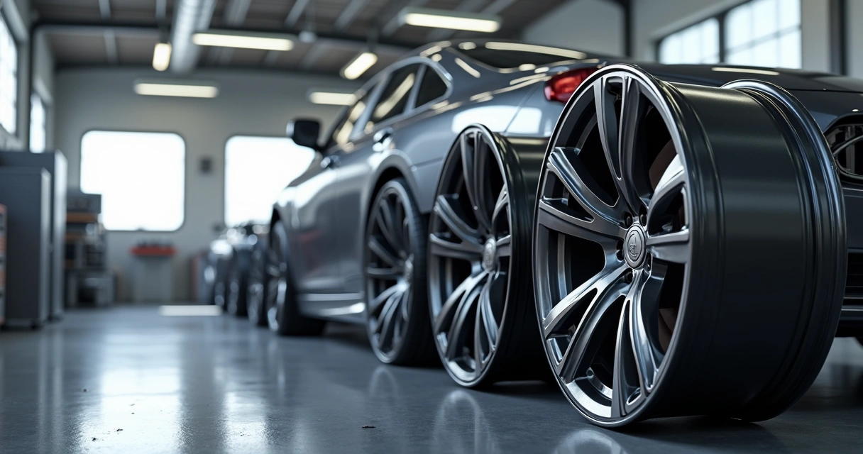 Rodas esportivas alinhadas lado a lado em oficina mecânica 