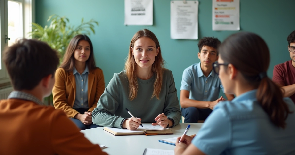 Orientador vocacional conversando com grupo de jovens