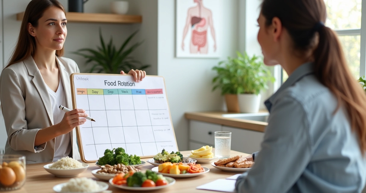 Nutricionista mostra cardápio variado para paciente com diferentes grupos de alimentos 