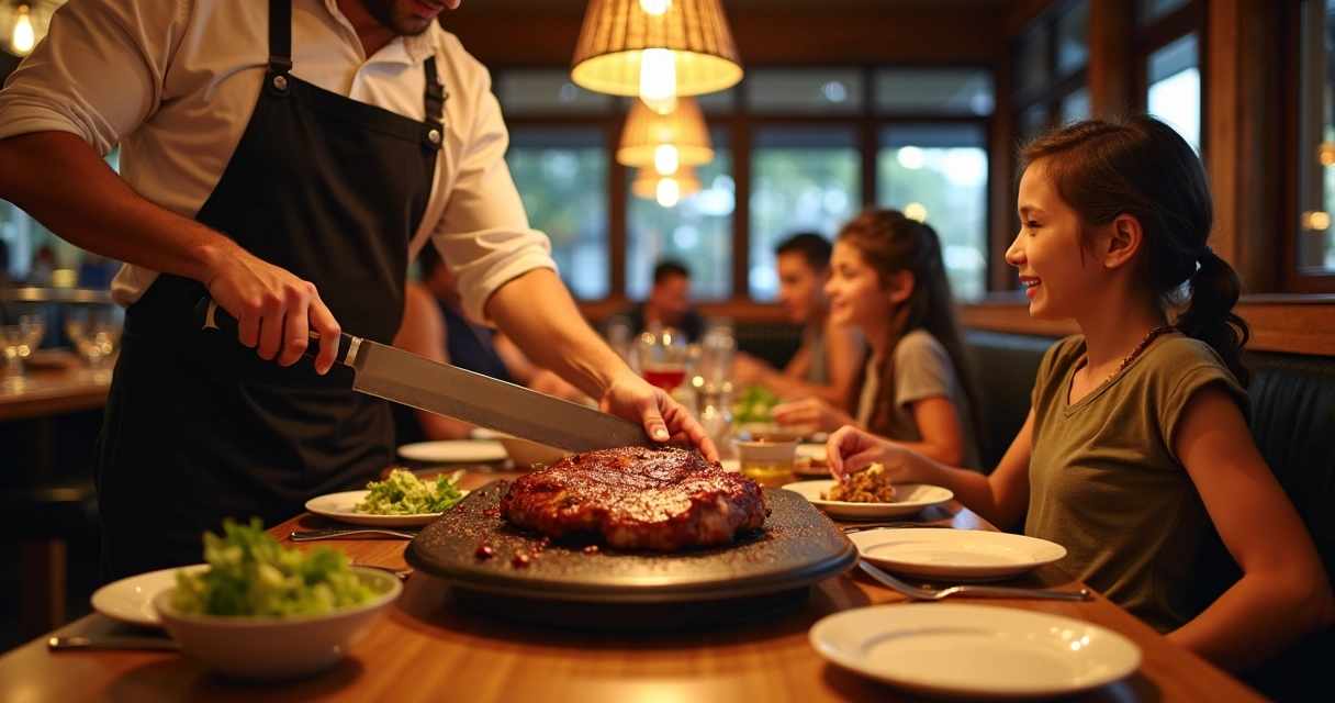 Garçom servindo carne ao redor de mesa de churrascaria 