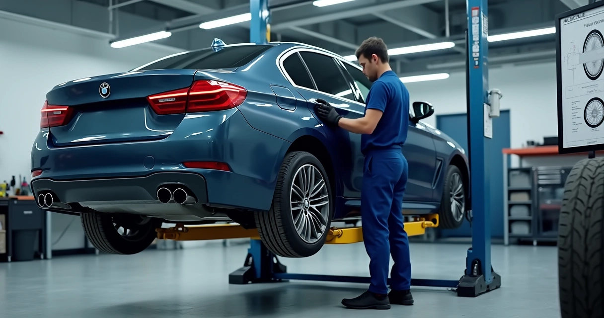 Mecânico realizando rodízio de pneus em oficina automotiva