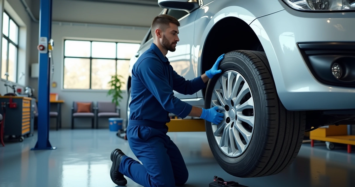 Veículo em oficina automotiva com pneu sendo trocado por mecânico especializado 