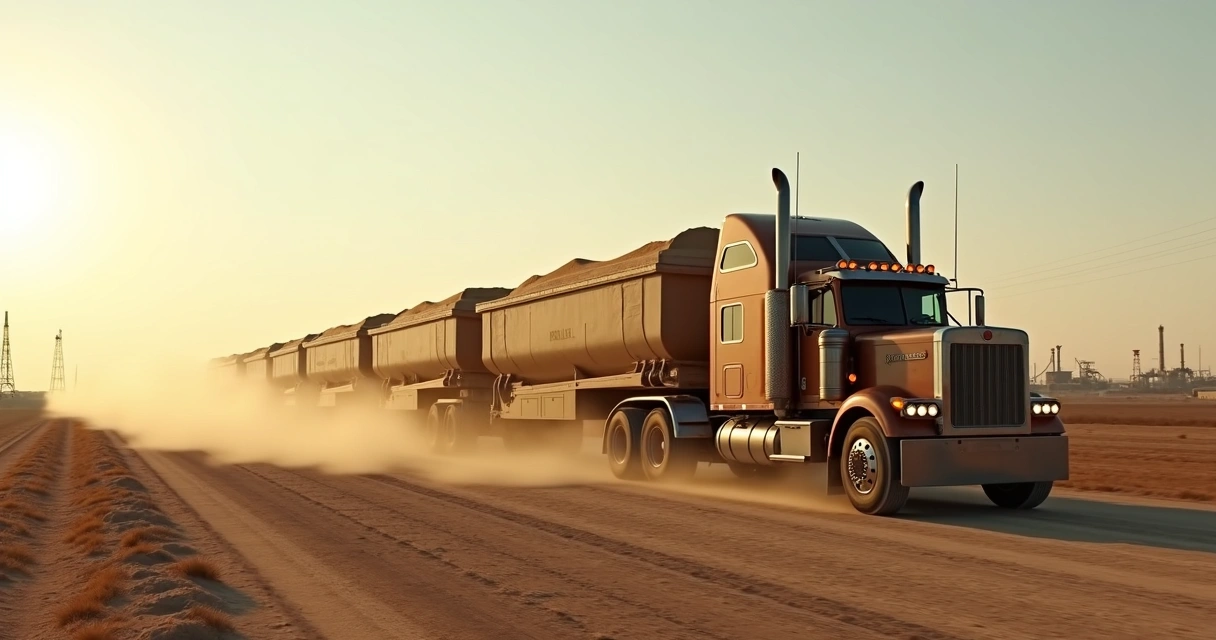 Rodotrem autônomo com três carretas em estrada de terra no Texas 