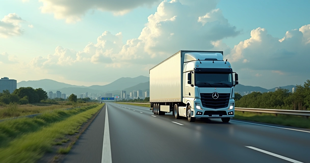 Caminhão rodando em rodovia próxima a cidade. 