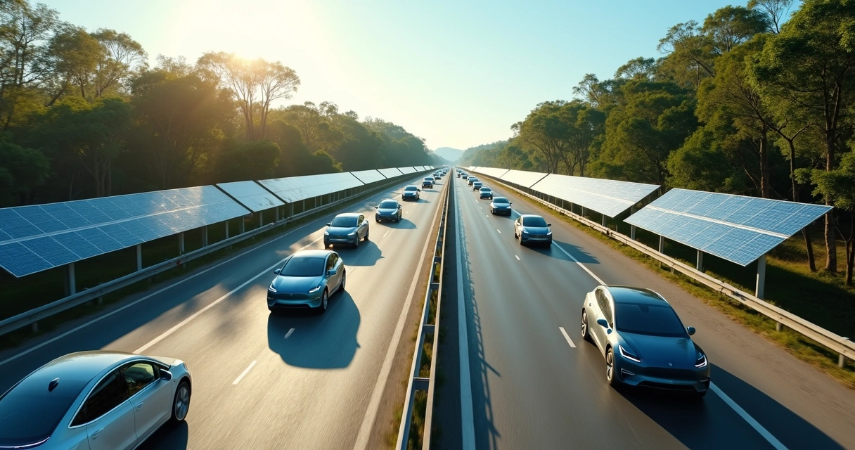 Rodovia com carros elétricos e placas solares ao lado 