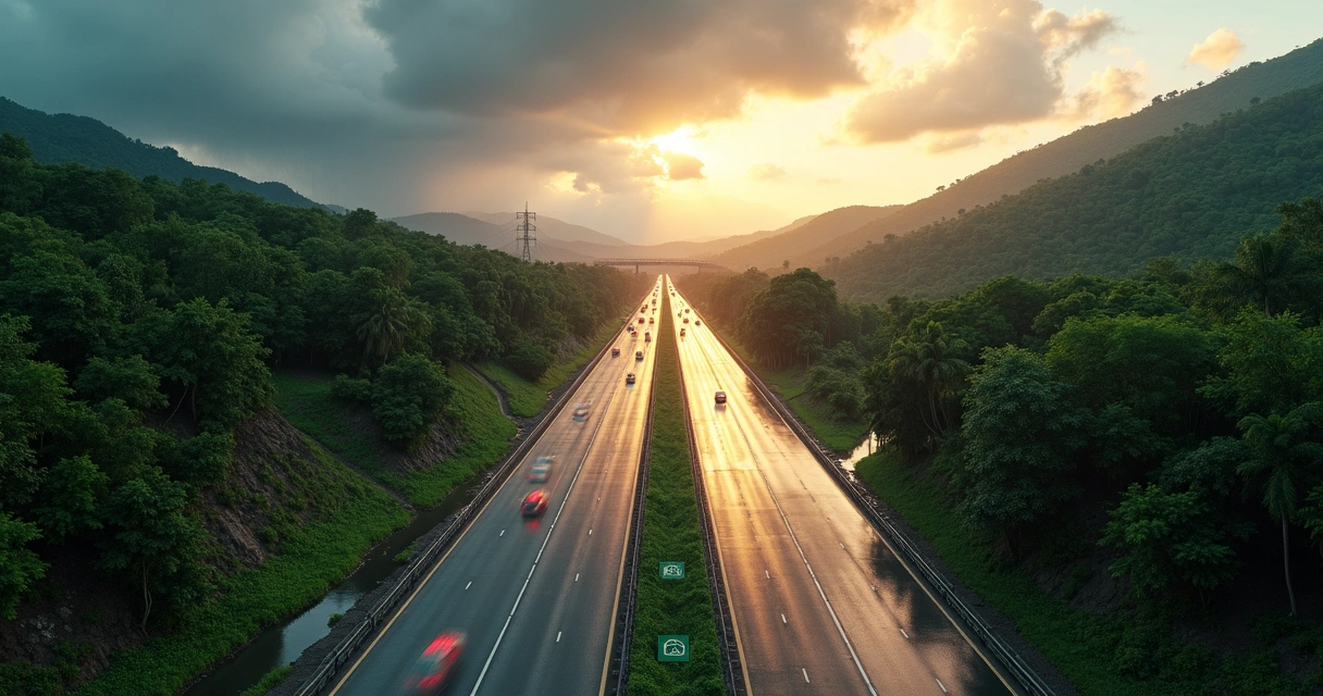 Rodovia brasileira resiliente atravessando floresta com clima extremo de um lado e céu limpo do outro 