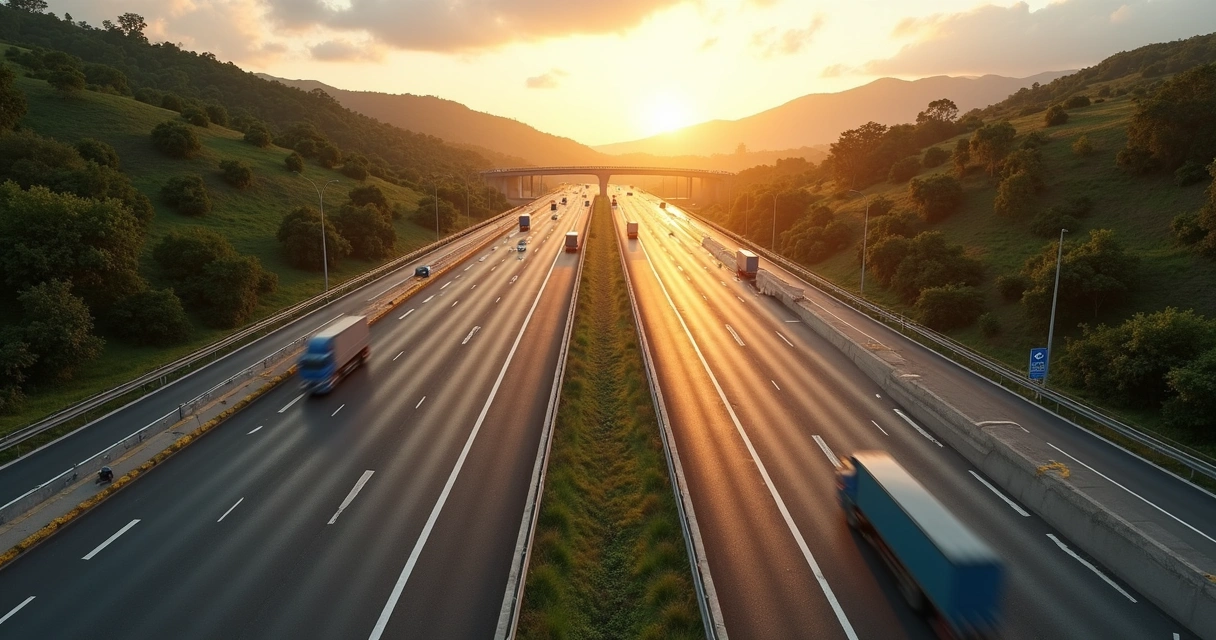 Rodovia duplicada com barreiras de proteção e amplo acostamento ao amanhecer 