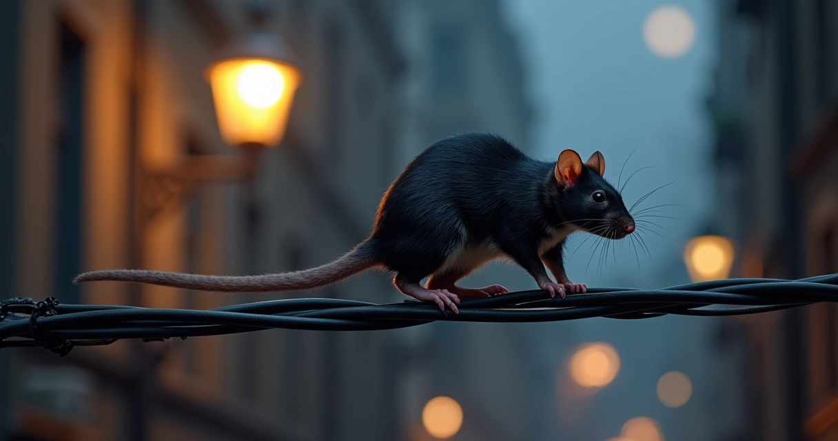 Rato de telhado caminhando em fios elétricos. 