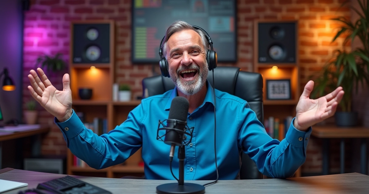 Homem de meia idade à frente de microfone, gesticulando durante podcast sobre patrocinio. 