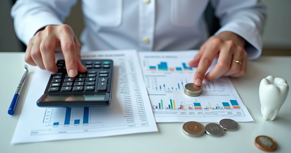Dentista calculando ROI de anúncios odontológicos em uma planilha com moedas ao lado 