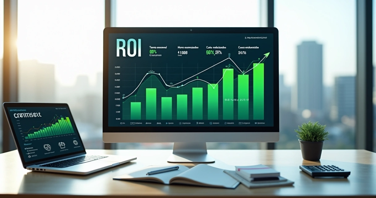 Gráfico de ROI em tela de computador com ícones de automação contábil 