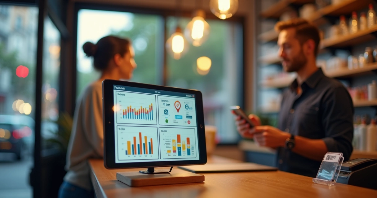 Empresário de pequeno negócio local analisando gráficos de ROI em tablet no balcão da loja 